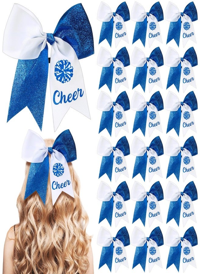 Suncalla 20 Pcs Valentine's Day Blue and White Cheer Hair Bows Ponytail Holders Cheer Ribbon Pom Pom Elastic Hair Ties Gifts Bulk for Cheerleaders Women Teams Competition Sports - Image 1